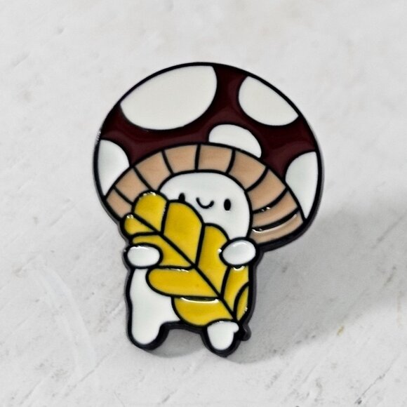 Mushroom Character Enamel Pin Holding Leaf Quirky Fantasy Woodland Creature - Picture 2 of 8